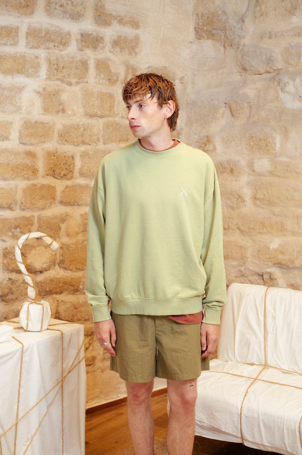 Sweat-shirt oversize à col rond délavé - Vert pierre