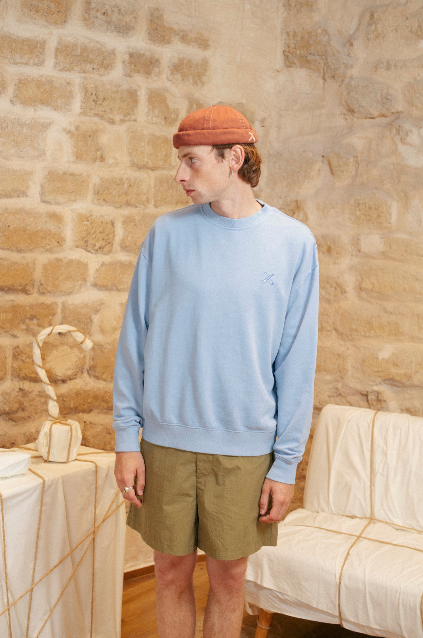 Sweat-shirt oversize à col rond délavé - Bleu poussière