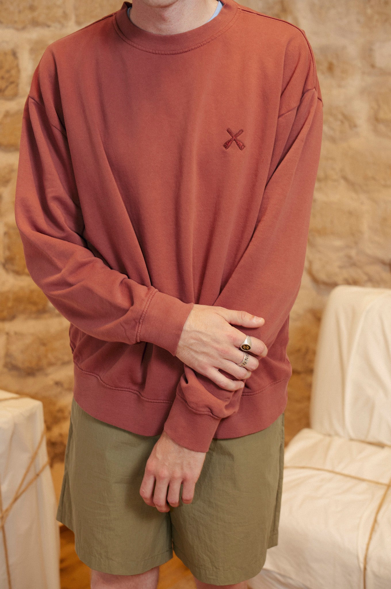 Sweat-shirt oversize à col rond délavé - Marron fumé