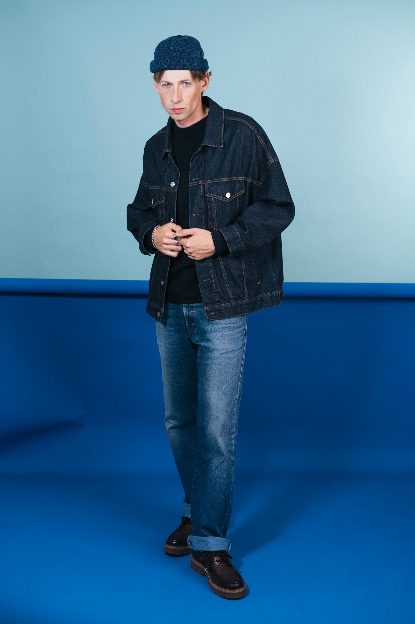 MIKI DOCKER HAT BLUE DENIM WASHED HERRINGBONE