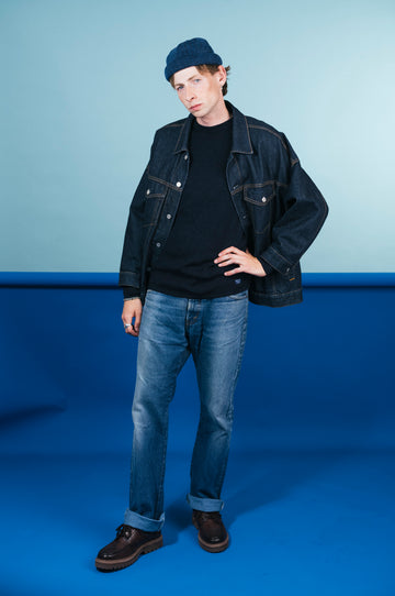 MIKI DOCKER HAT BLUE DENIM WASHED HERRINGBONE