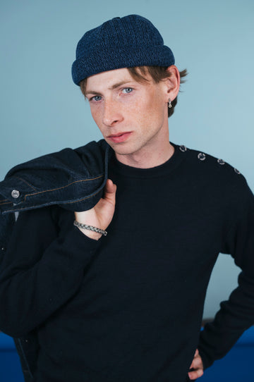 MIKI DOCKER HAT BLUE DENIM WASHED HERRINGBONE