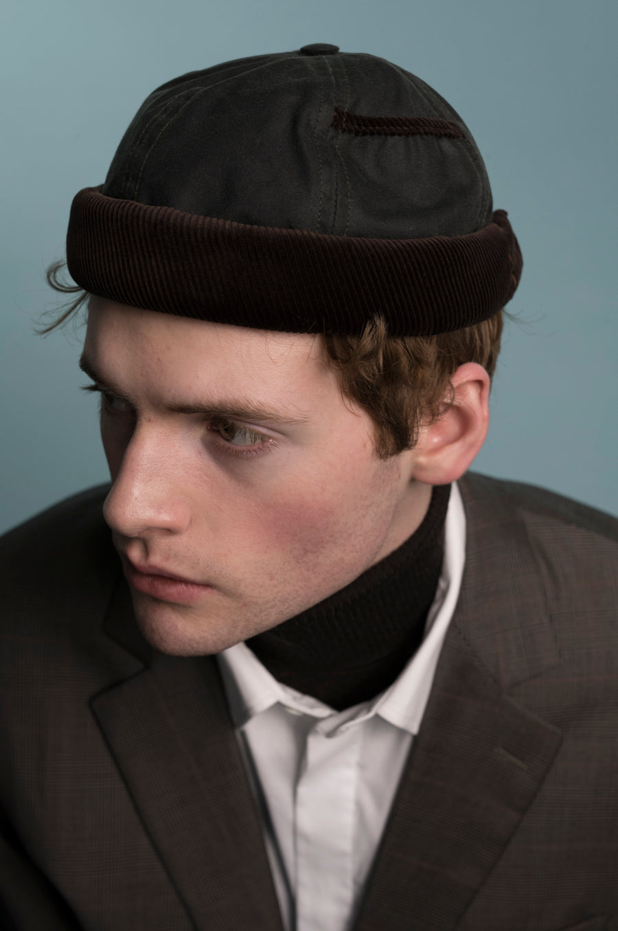 MIKI DOCKER HAT KHAKI WAXED COTTON AND BROWN VELVET