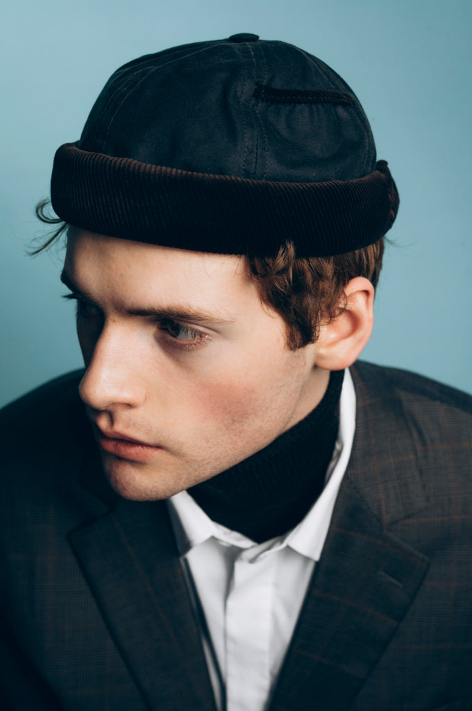 MIKI DOCKER HAT KHAKI WAXED COTTON AND BROWN VELVET