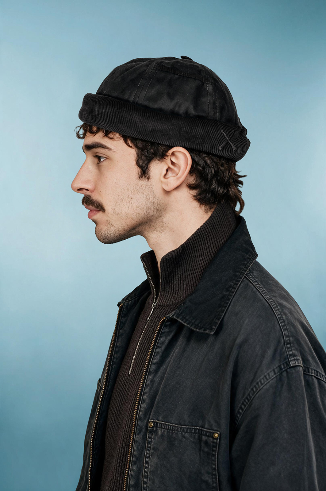 MIKI DOCKER HAT BLACK WAXED COTTON & VELVET - Exclu web