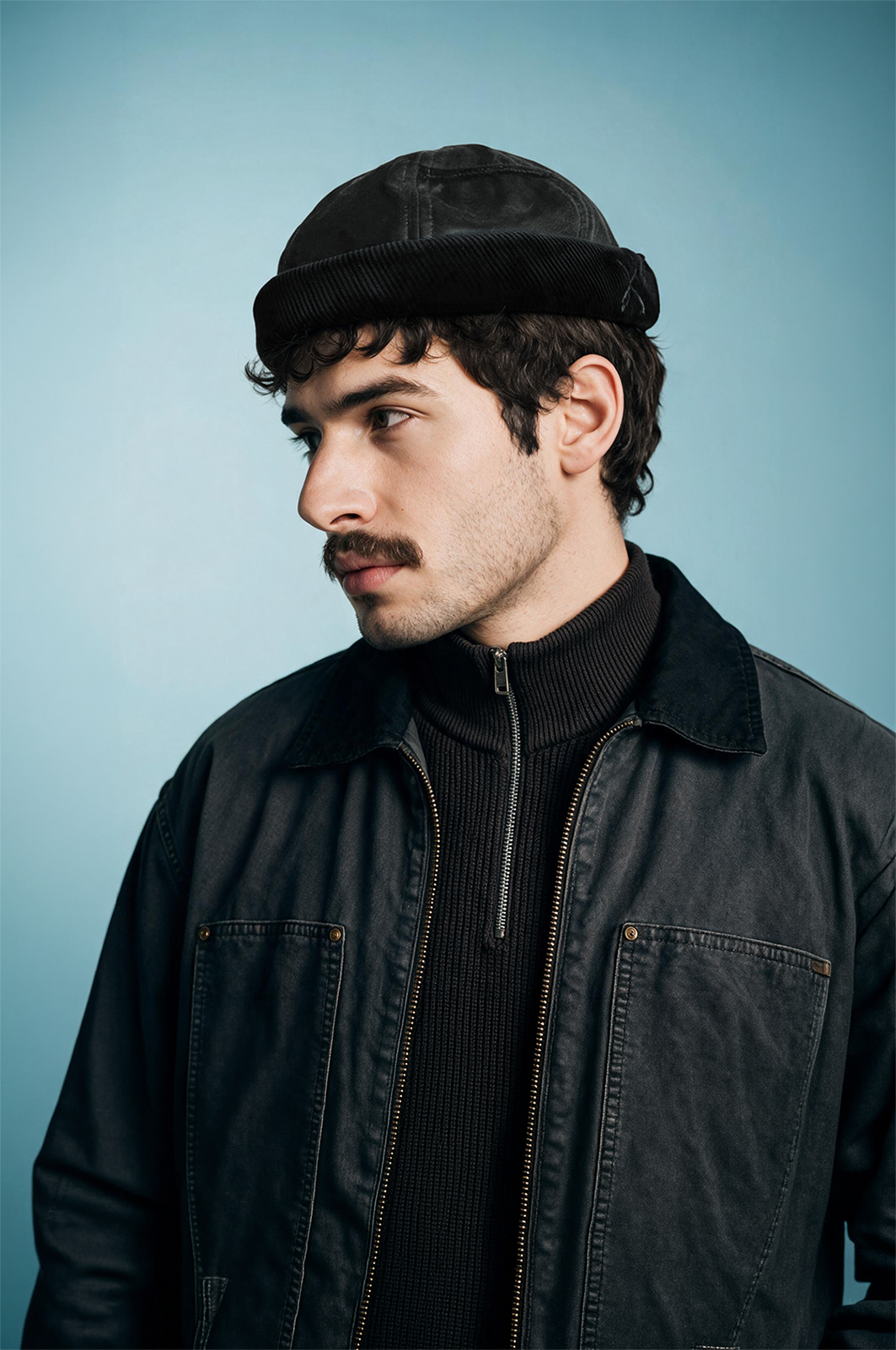 MIKI DOCKER HAT BLACK WAXED COTTON & VELVET - Exclu web