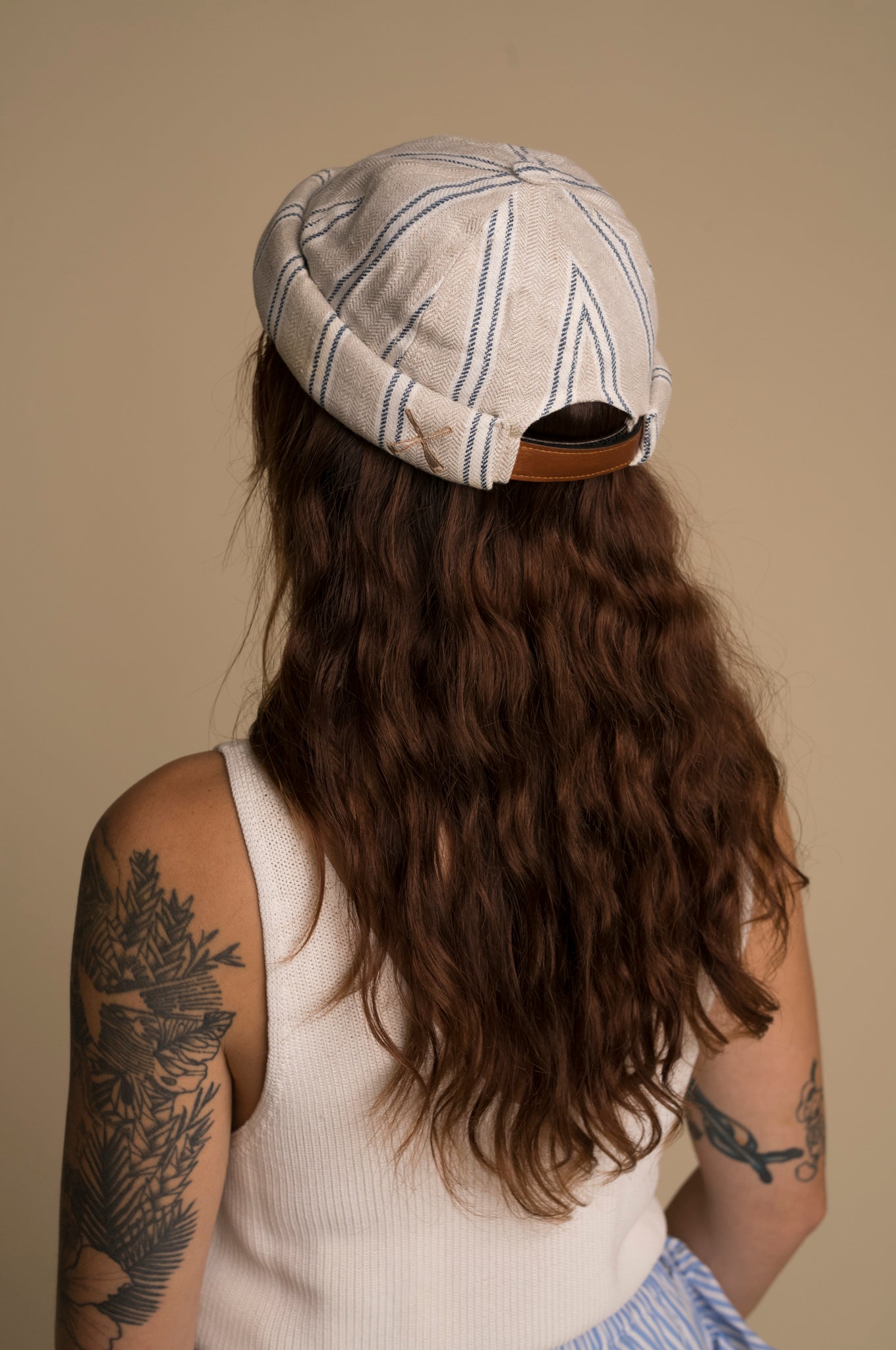 MIKI DOCKER HAT LINEN BEIGE STRIPE BLUE